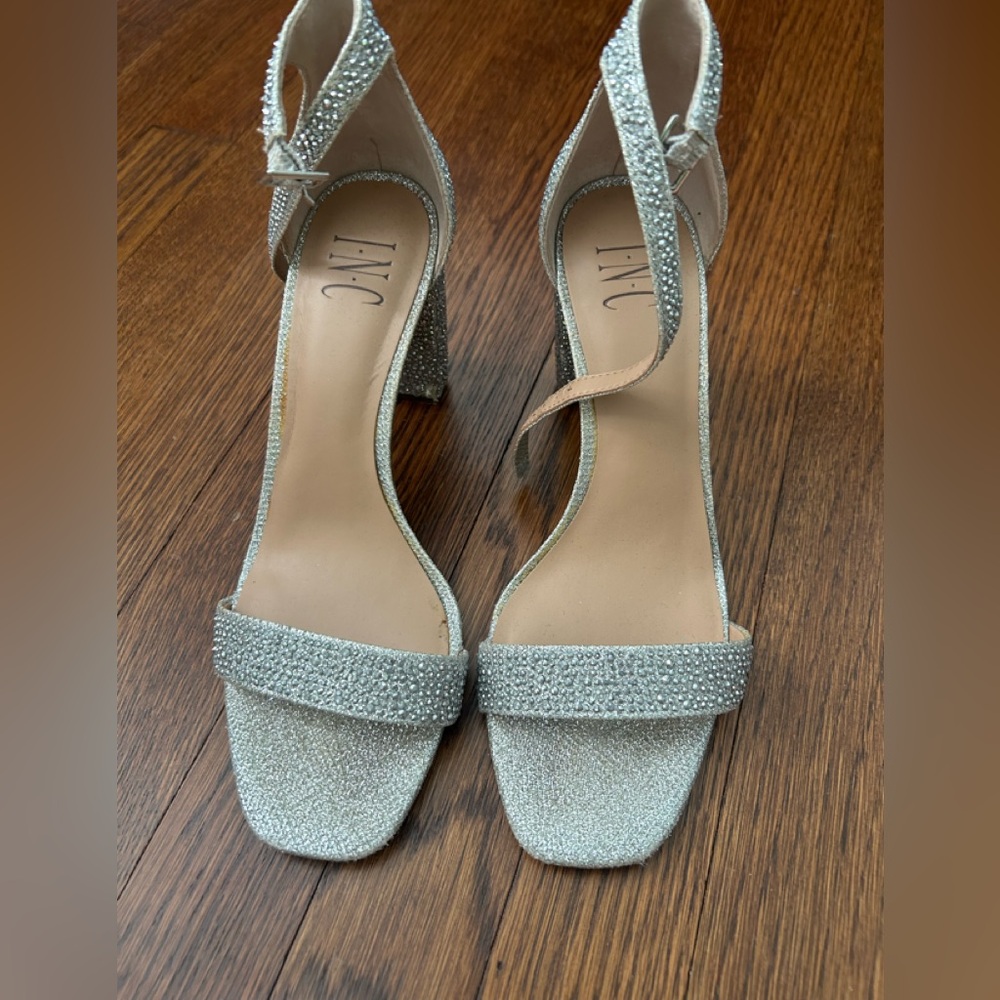 INC International Concepts Silver Glitter Block Heel Sandals with Ankle Strap